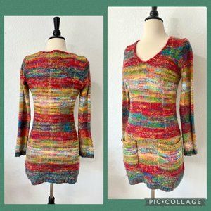Y2K Ultra Flirt Rainbow Knit Crochet Long Sleeve Dress
